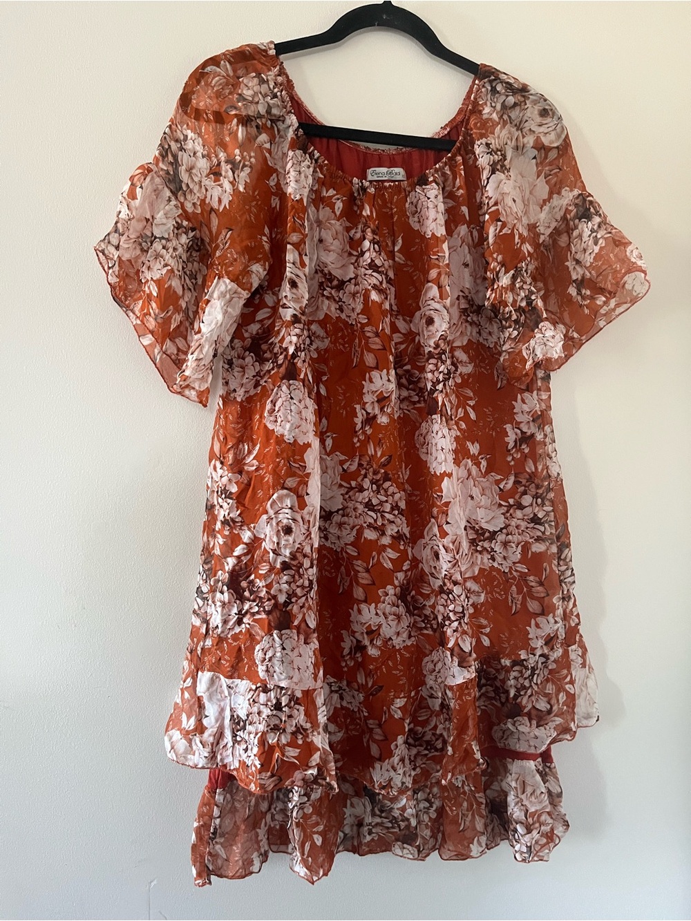 Rust Orange Silk Floral Mini Dress XS Euro Summer Resort Romantic Flutter Sleeve